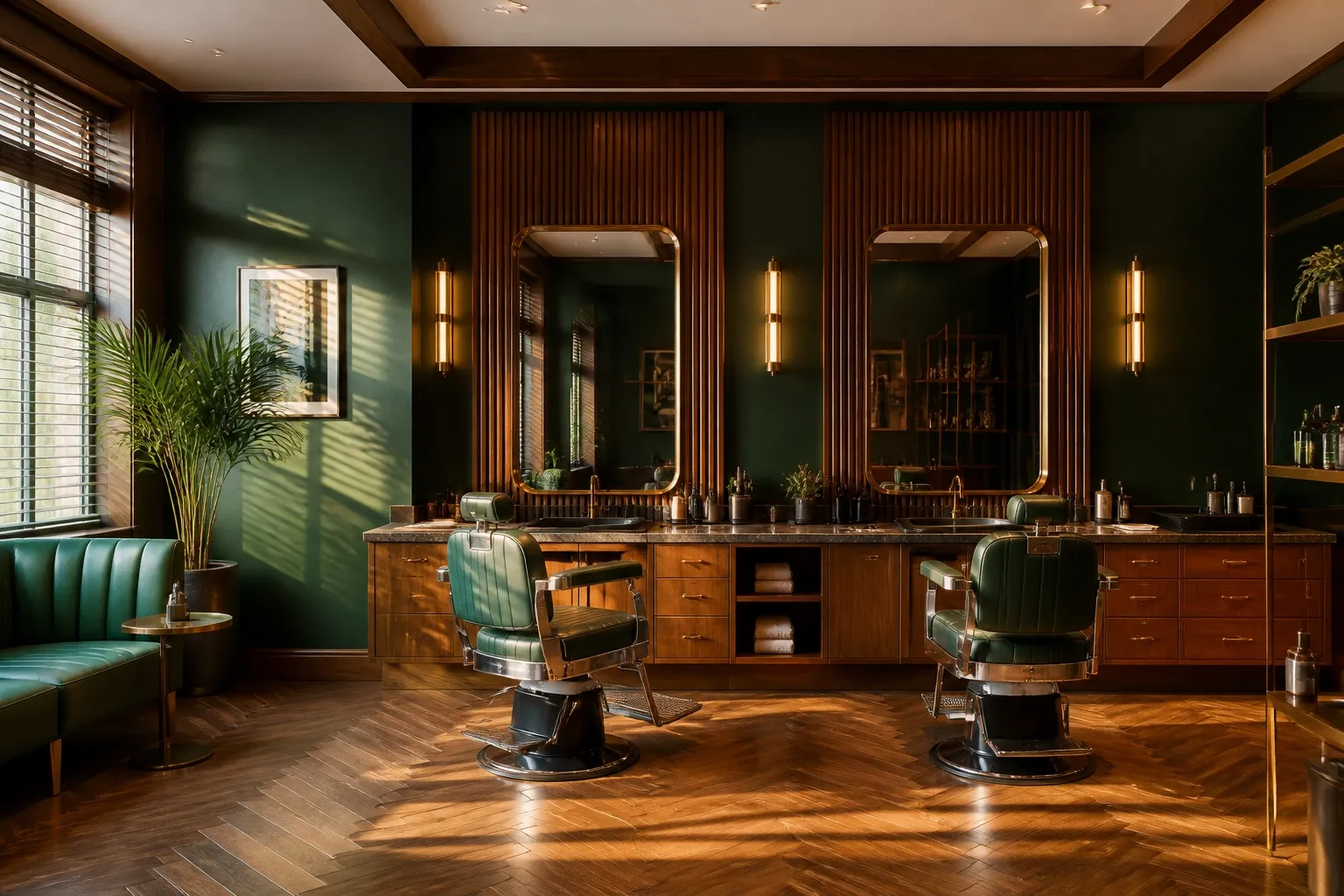 Warm Barbearia Horizonte interior with green chairs, wood finishes, and natural light.