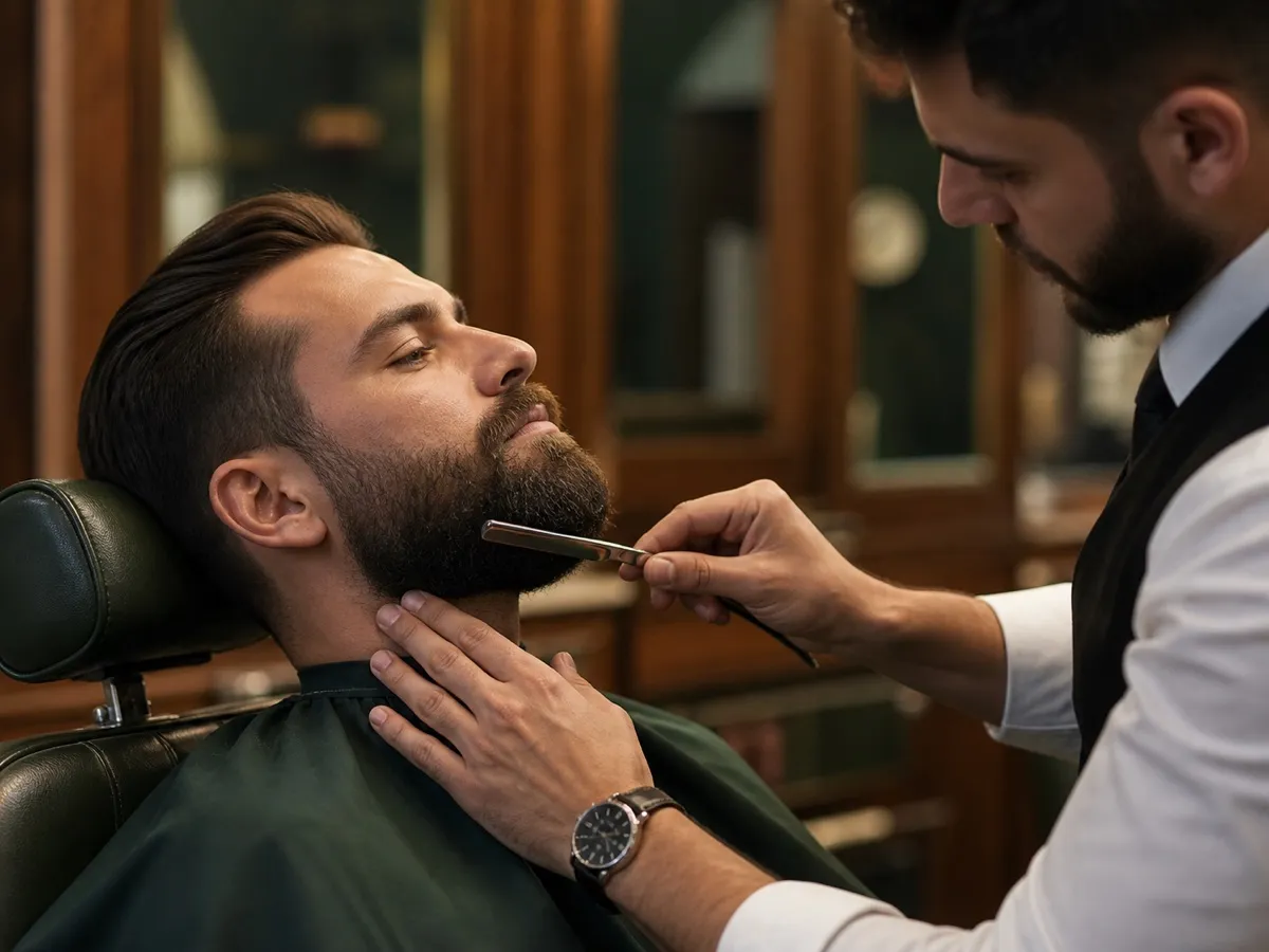 Barbeiro modelando cuidadosamente uma barba completa.