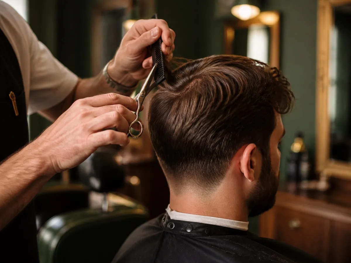 Barbeiro realizando um corte masculino preciso.