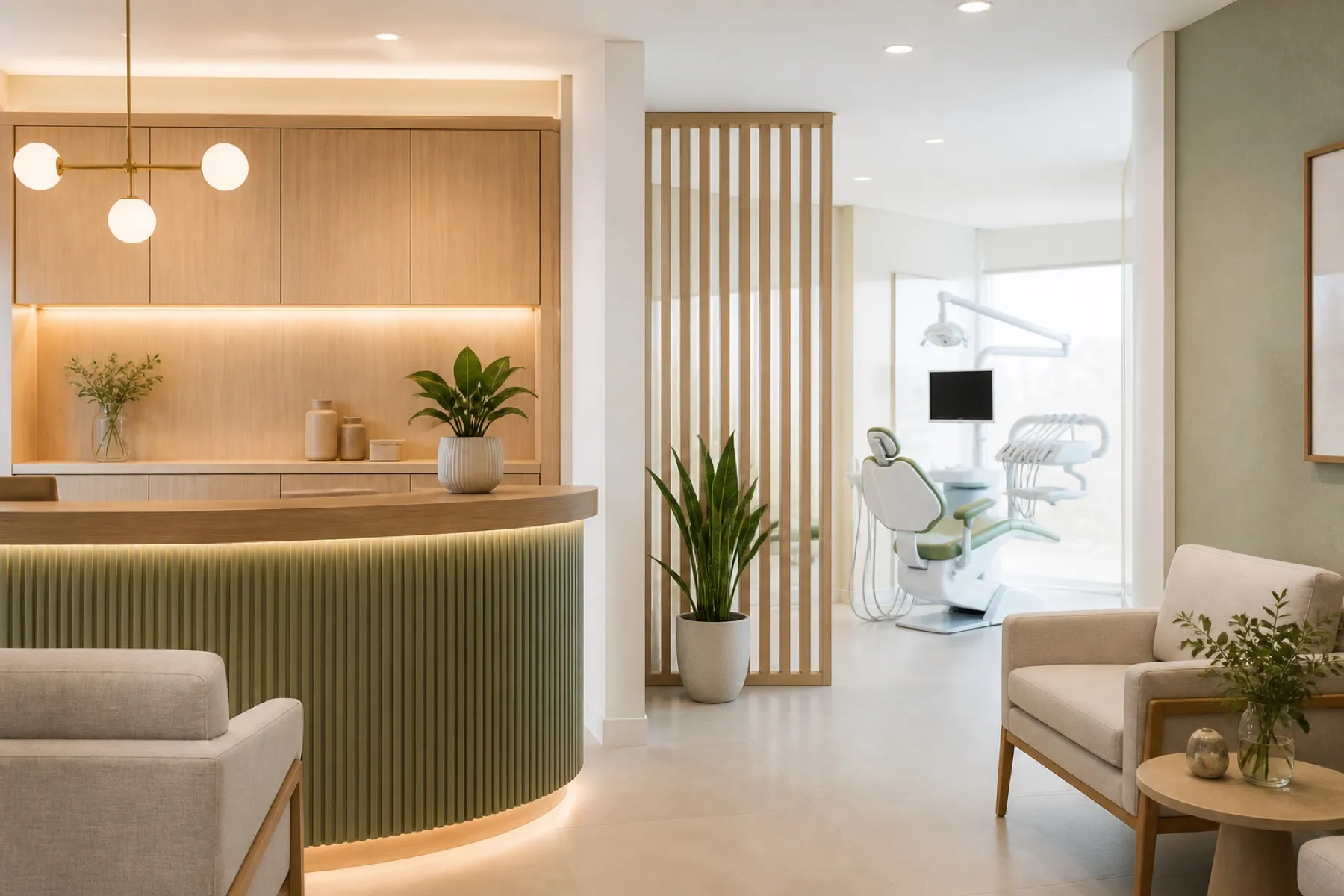 Warm, contemporary Clínica OdontoViva reception with sage details and a bright treatment room.