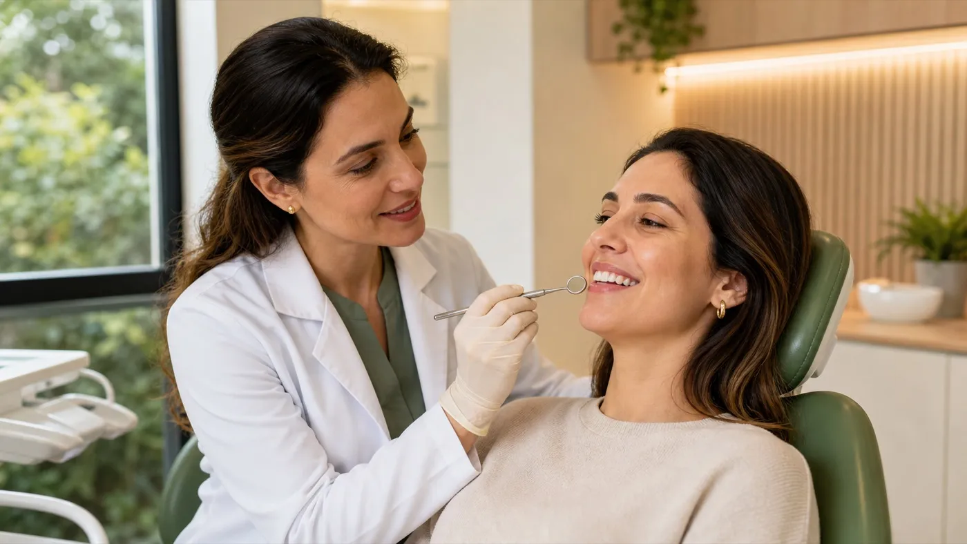 Dentista realizando uma avaliação odontológica cuidadosa.