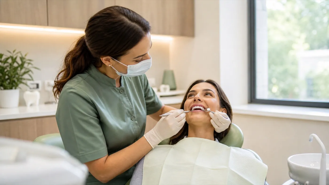 Profissional realizando uma limpeza odontológica preventiva.