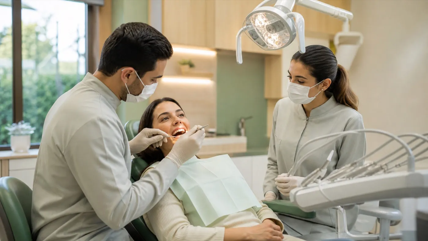 Equipe realizando um tratamento restaurador com precisão.