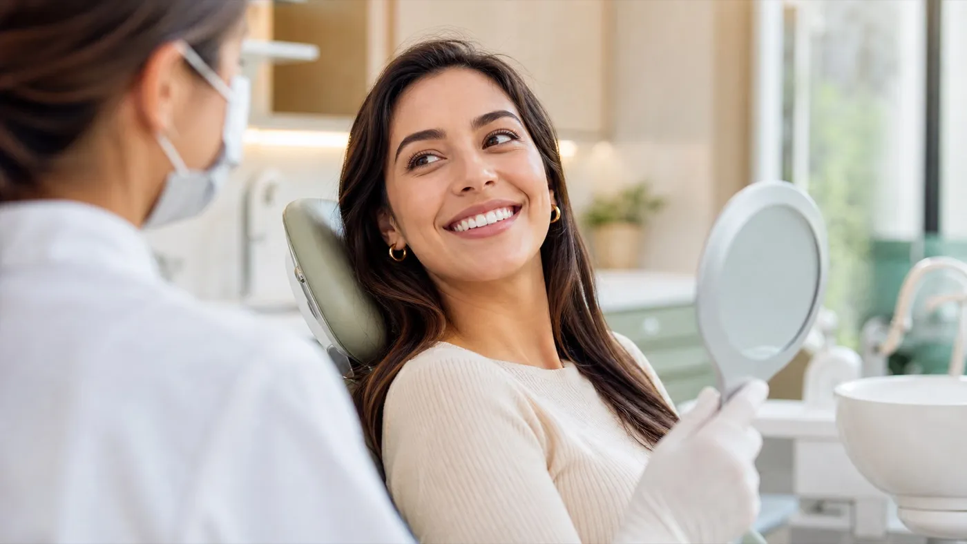 Paciente observando o resultado natural de um cuidado estético dental.