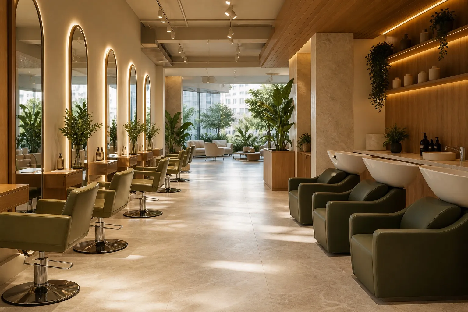 Bright, modern beauty salon with styling stations, mirrors, and natural greenery.