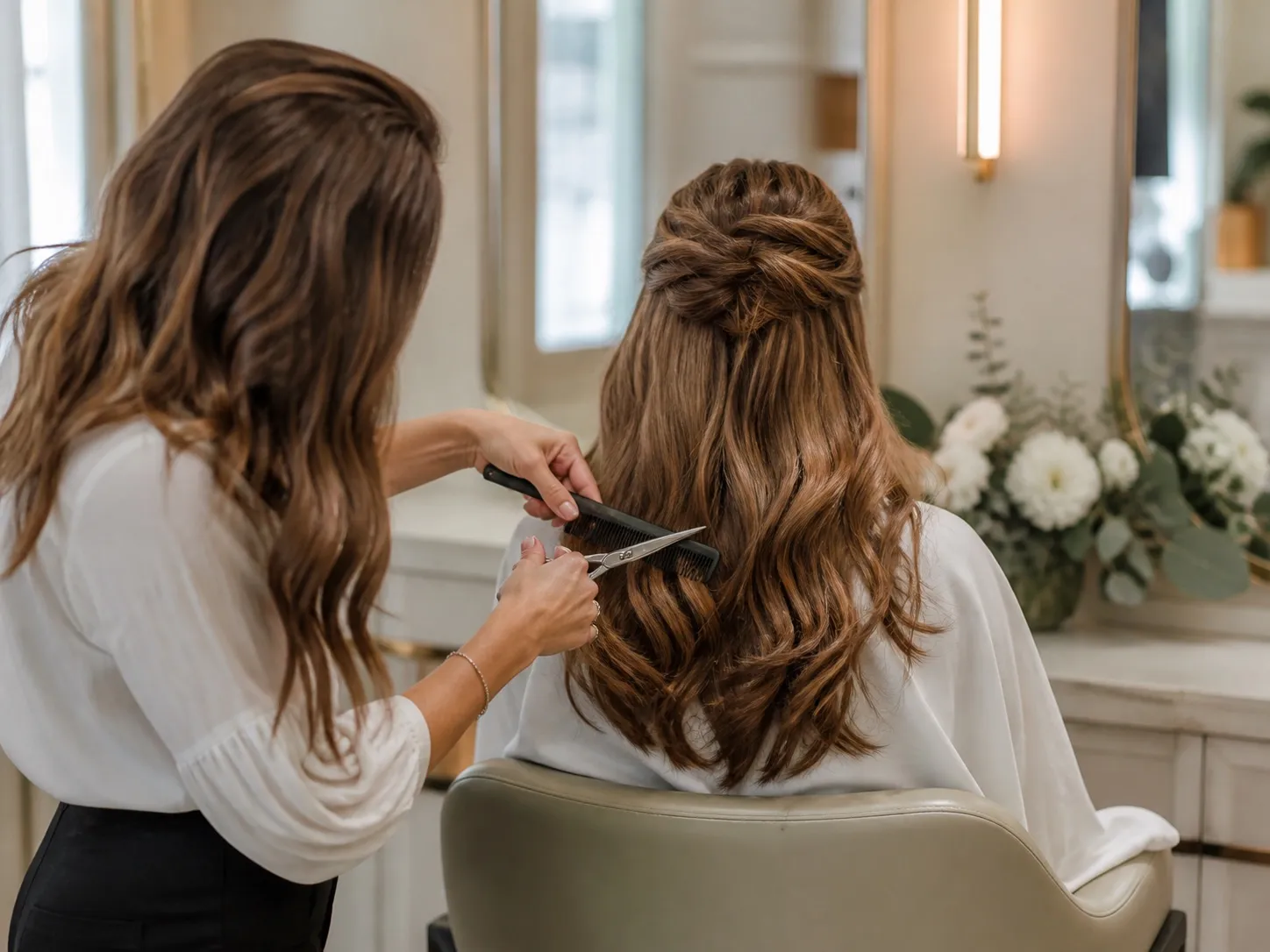 Stylist creating a polished haircut and event hairstyle.
