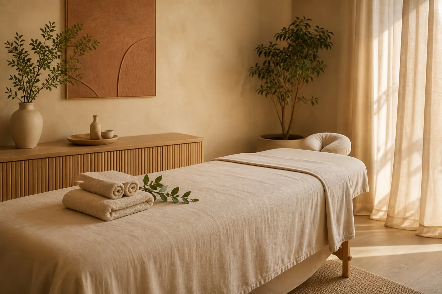 Serene Espaço Sereno massage studio with warm natural textures, soft light, and a prepared treatment table.
