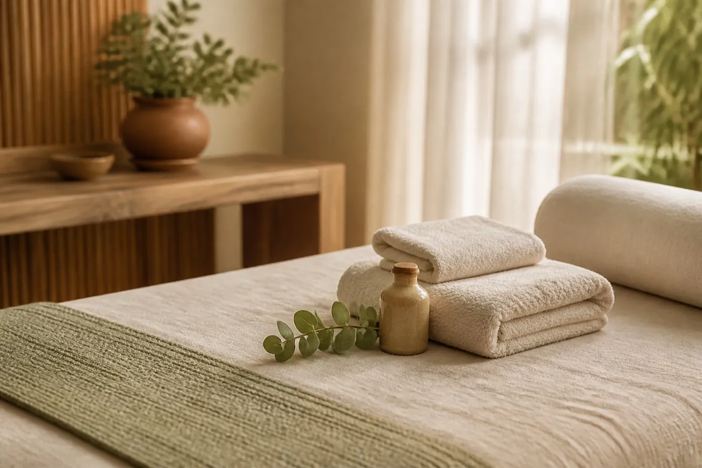 Maca preparada com toalhas e óleo de massagem.