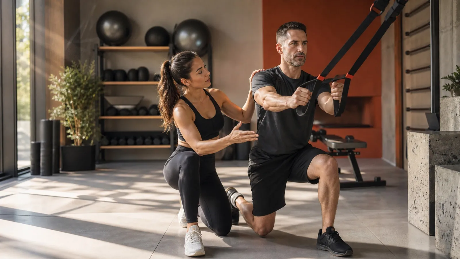 Personal trainer coaching a client through a controlled functional exercise in the Move studio.