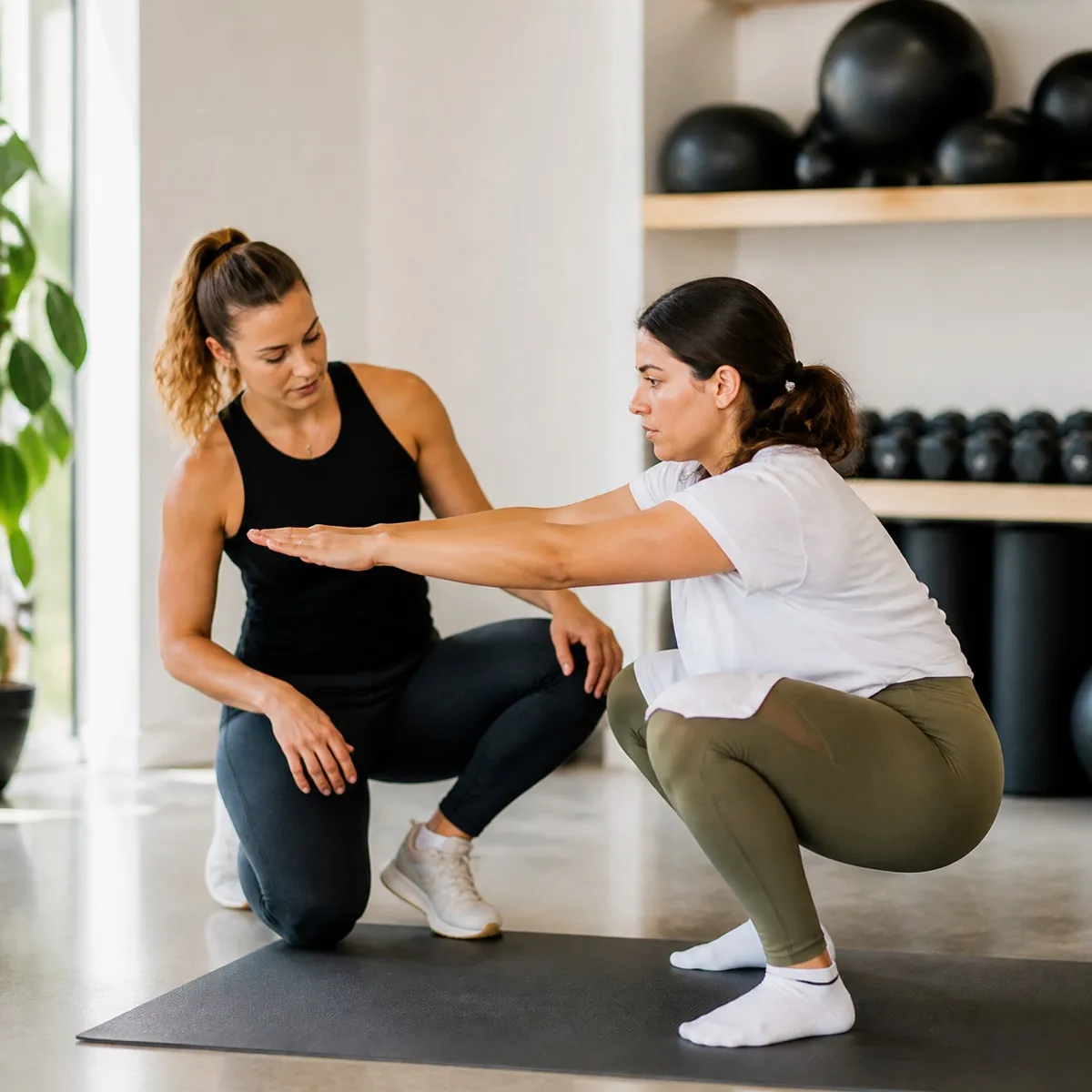 Personal trainer acompanhando uma avaliação de movimento.