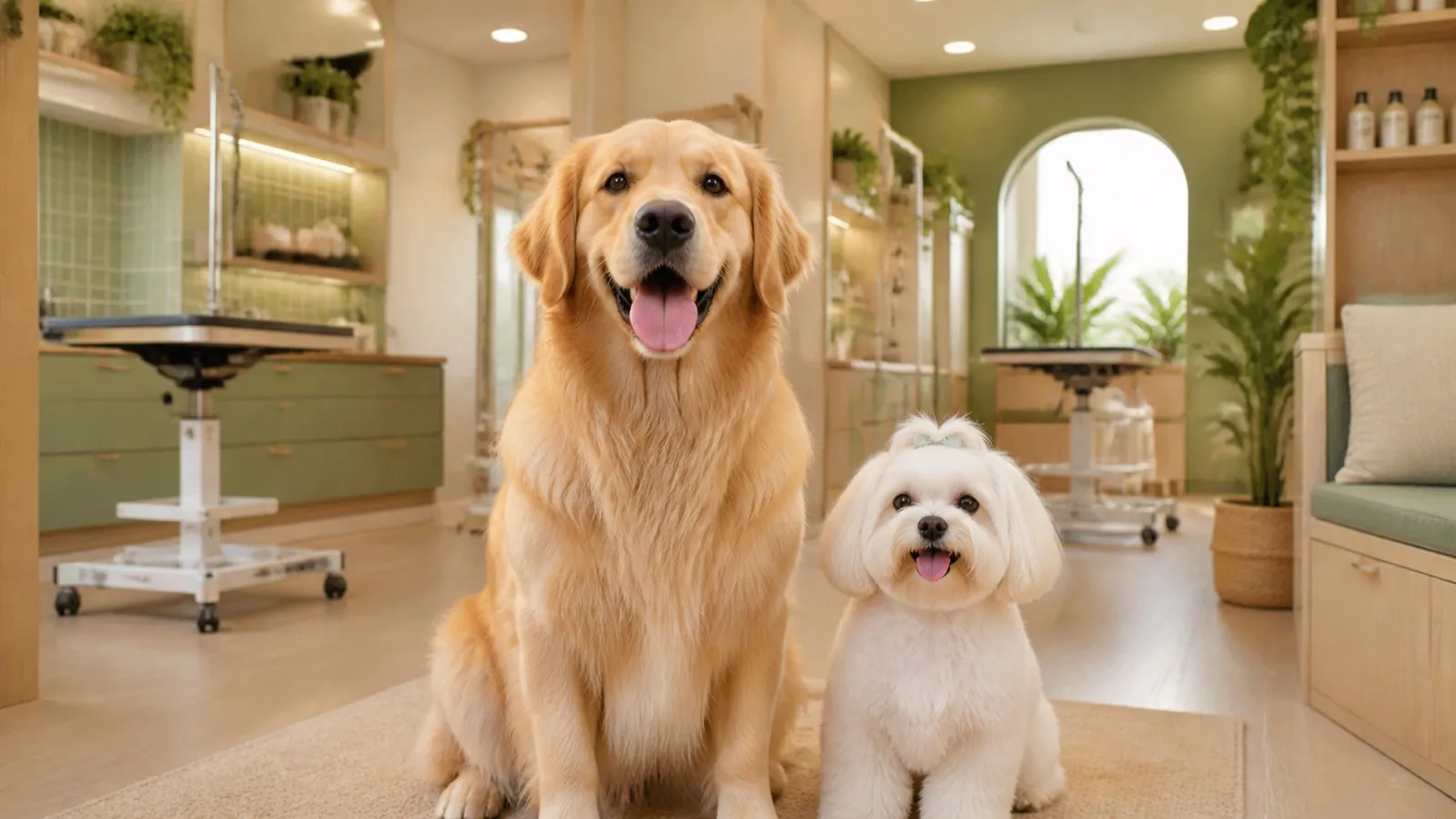 Happy golden retriever and small white dog inside the bright, welcoming PetViva Care grooming studio.