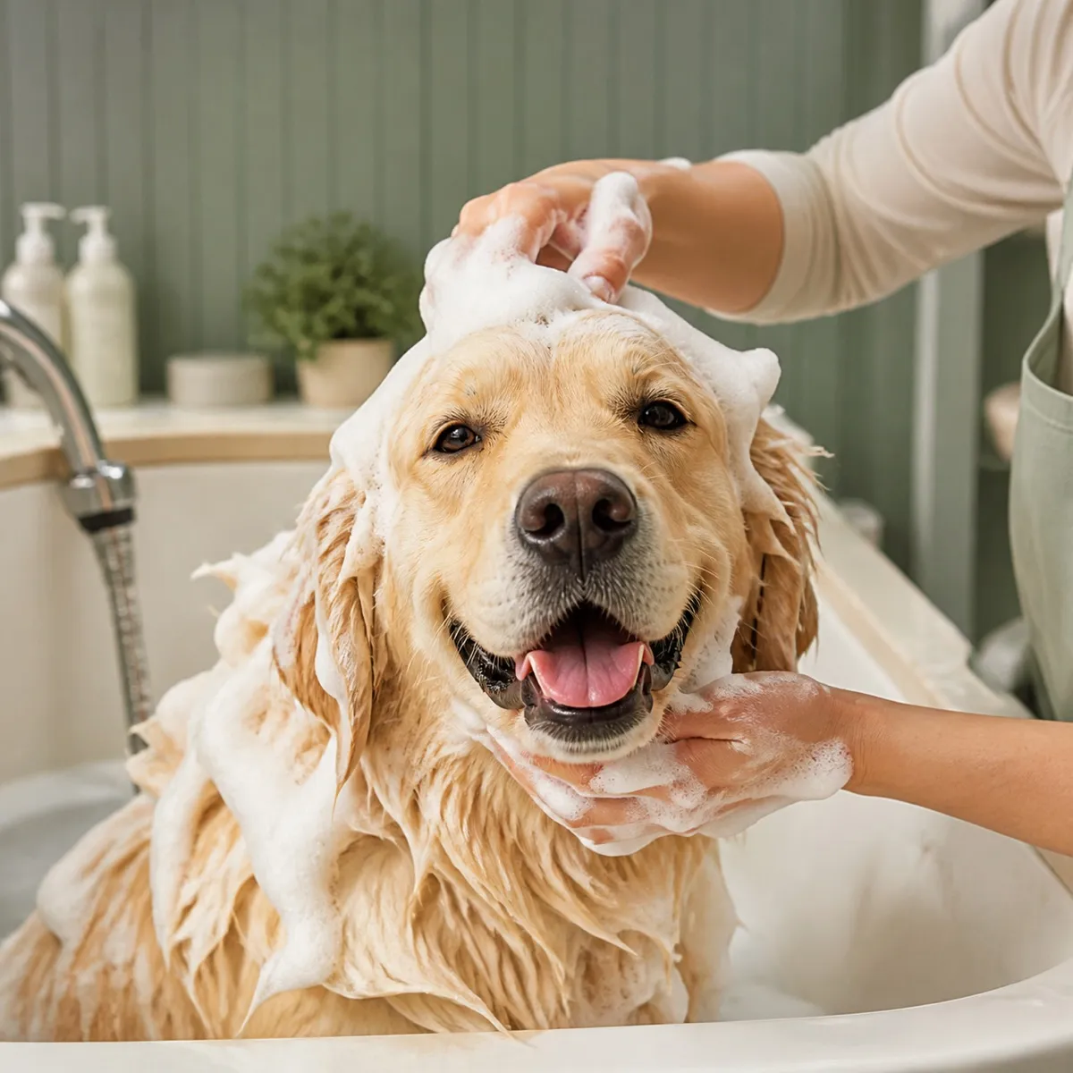 Golden retriever recebendo banho cuidadoso.