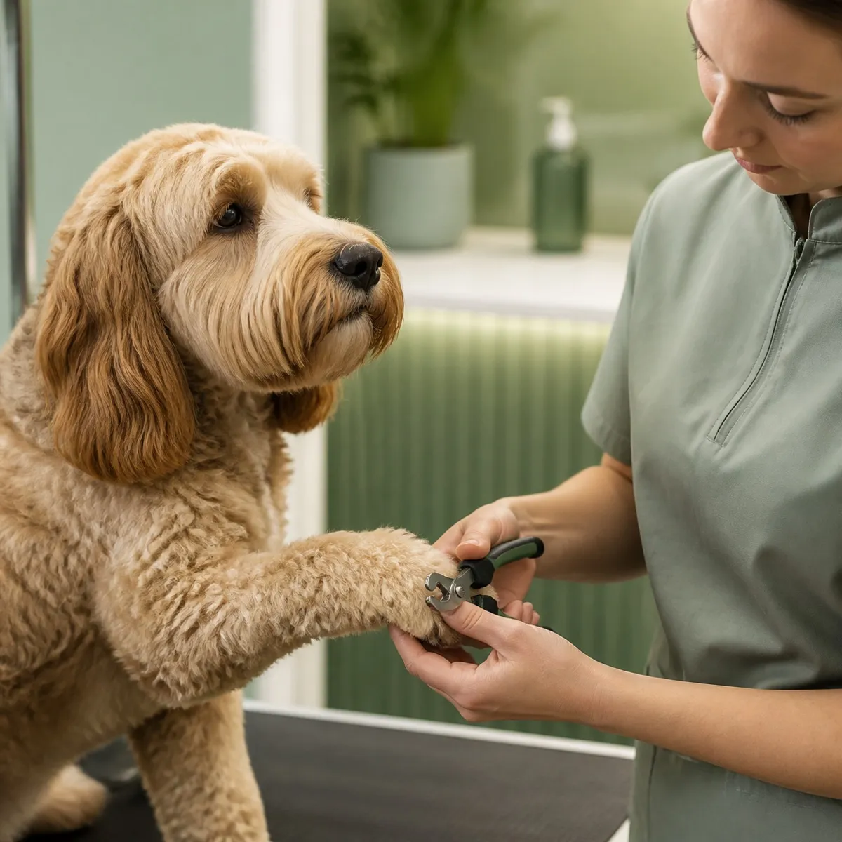 Cuidado profissional e delicado das unhas de um cão.